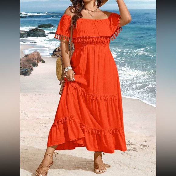 Boho burgundy plus size off shoulder tassel detail maxi dress - Picture 10 of 16